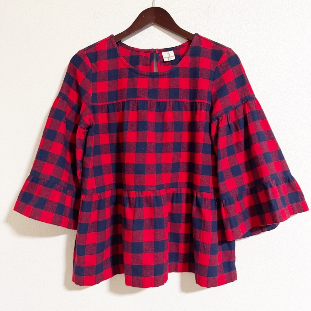 Hanna Andersson Peplum Bell Sleeve Buffalo Plaid Flannel Top